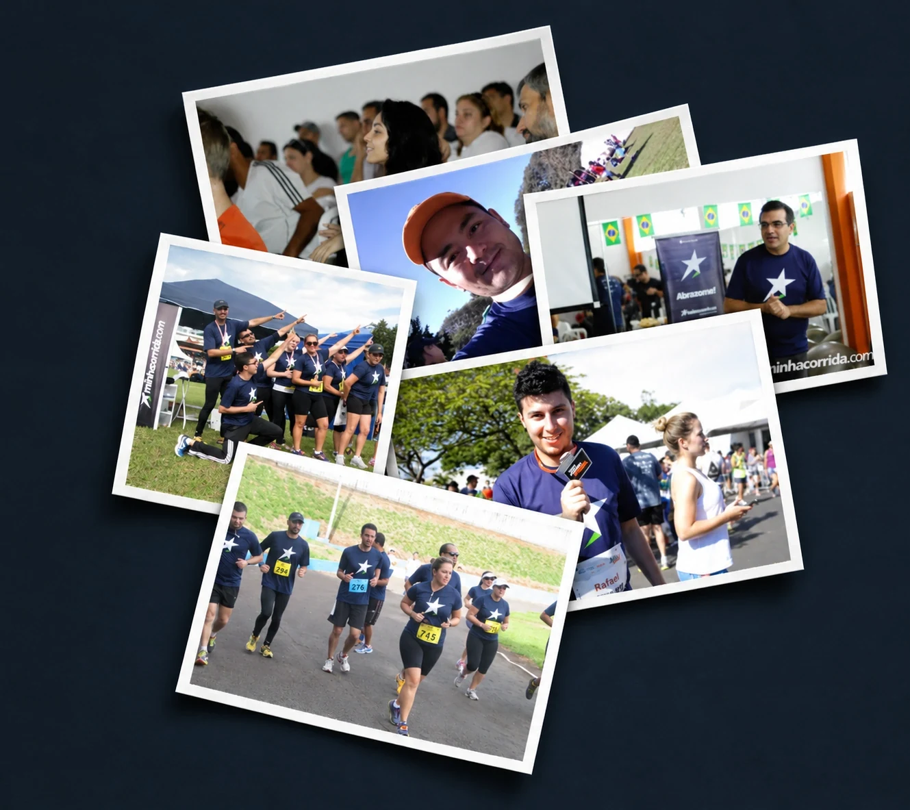 Mosaico de fotos de colaboradores e equipes em ações do Minha Corrida